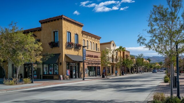 Temecula, California - March 24, 2024: Commercial building on 5th Street, with the Old Town Creek Walk on the right