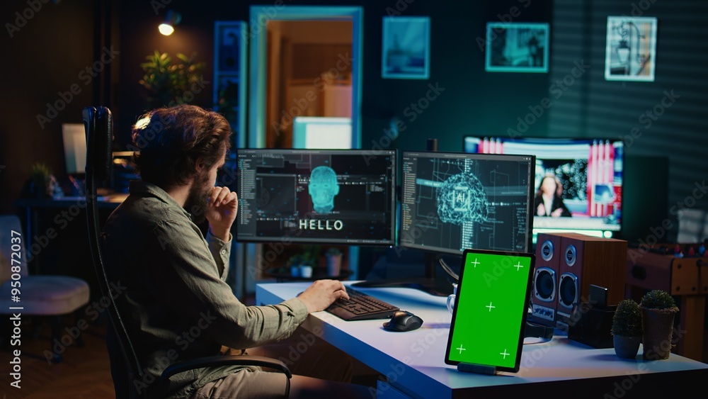 Poster focus on isolated screen tablet next to programmer updating artificial intelligence, making it becom
