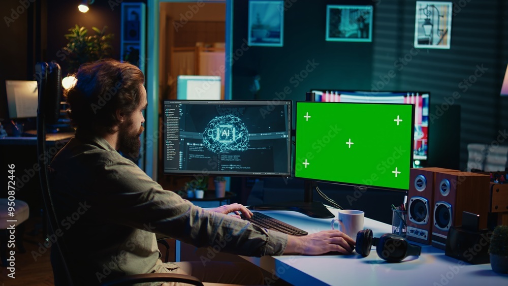 Poster ai becoming sentient, talking with programmer, asking existential questions, green screen computer. 