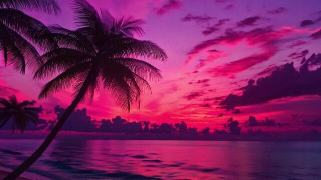 The sun sets over the tranquil ocean, painting the sky in shades of purple and pink. Silhouettes of palm trees frame the vibrant view, creating a peaceful tropical atmosphere.