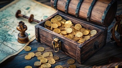 A beautiful wooden treasure chest filled with golden coins. The treasure lies among old maps and decorative artifacts. This image evokes adventure and exploration. AI
