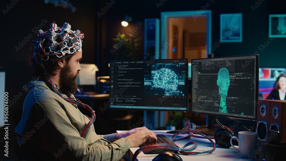 Poster computer engineer using eeg headset, starting mind upload process using brain machine interface. man