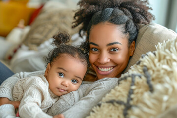 Happy black mother playing with daughter lying on sofa