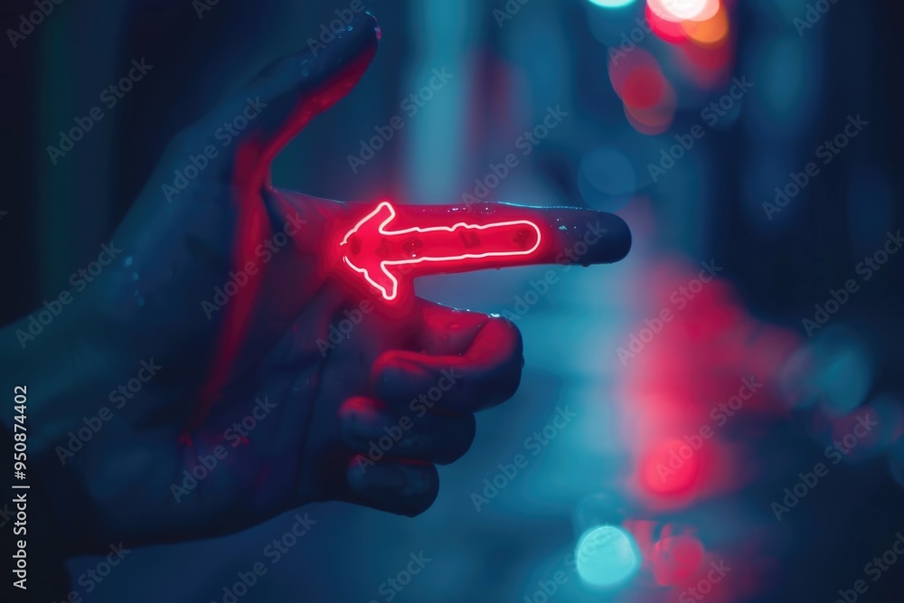 Poster a hand holds a red arrow pointing left
