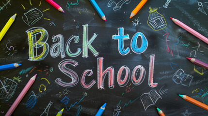 School blackboard with Back To School written in colored chalk. Back to school background.