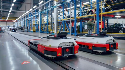 Modern automated vehicles transporting materials in a car factory