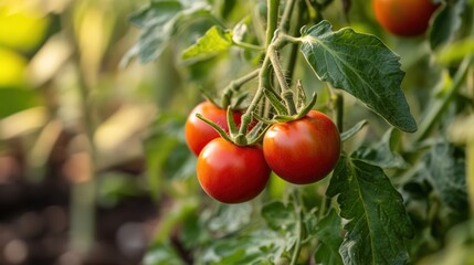 Ripe red tomatoes growing on a vine in a garden.
