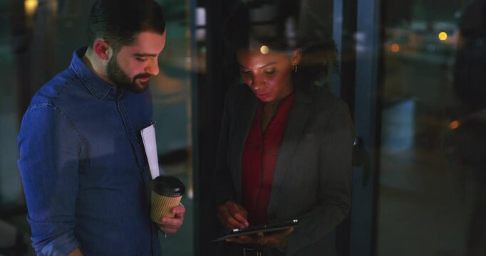 Business people, tablet and shaking hands for night meeting, technical support and thank you for helping. Clients or woman handshake for success, teamwork or digital software solution in office bokeh