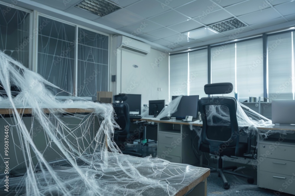 Poster a desk covered with a spider web