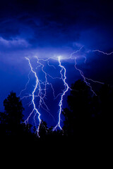 beautiful lightning during a thunderstorm at night in a forest that caused a fire, against a dark...