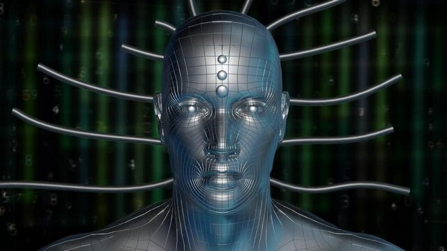 Robotic male android face with wires growing out of head. AI God. Godlike AI. Artificial General Intelligence. Transhuman. Transhumanism. 3d animation with scrolling numbers background.