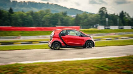 Red electric car driving fast on a test track