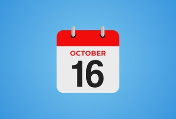 Icon calendar day. 16 October. 16th days of the month, illustration style. Date day of week Sunday, Monday, Tuesday, Wednesday, Thursday, Friday, Saturday. 