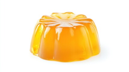 A single, yellow, gelatin dessert in a flower shape, isolated on a white background.