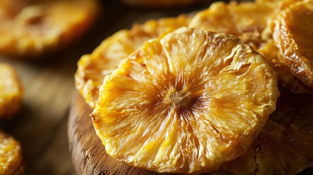 Close-up of dried pineapple rings on a wooden surface.