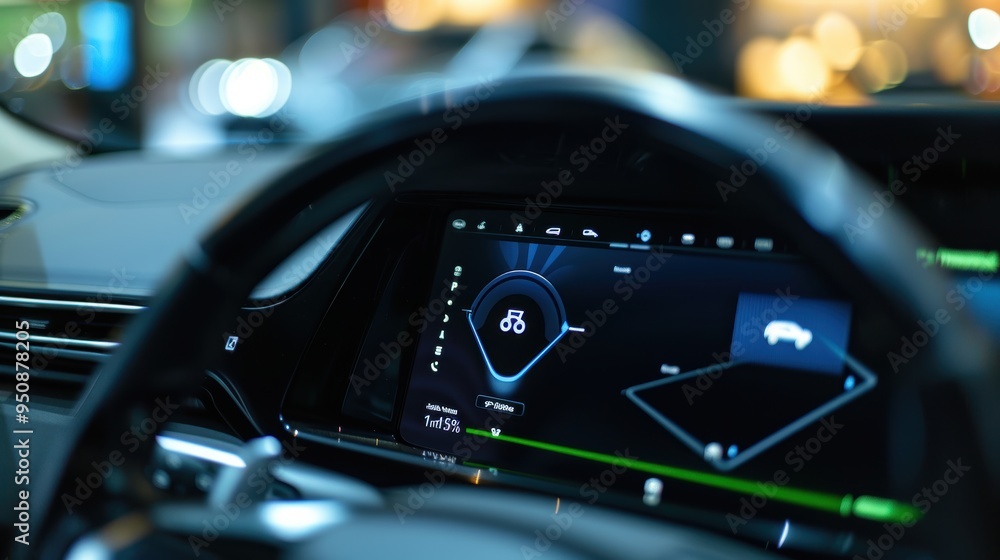 Poster modern car showing battery status on dashboard navigation system screen