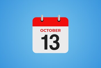 Icon calendar day. 13 October. 13th days of the month, illustration style. Date day of week Sunday, Monday, Tuesday, Wednesday, Thursday, Friday, Saturday. 