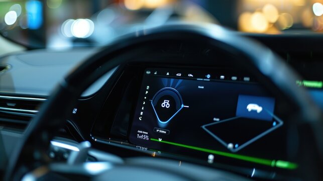 Modern car showing battery status on dashboard navigation system screen - Powered by Adobe