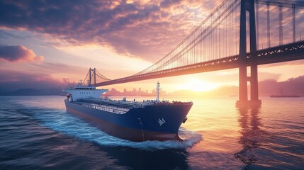 Fototapeta premium A striking image of a liquid hydrogen tanker moving under a towering bridge, digitally created to illustrate modern transport infrastructure and the role of hydrogen 