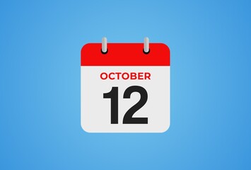 Icon calendar day. 12 October. 12th days of the month, illustration style. Date day of week Sunday, Monday, Tuesday, Wednesday, Thursday, Friday, Saturday. 