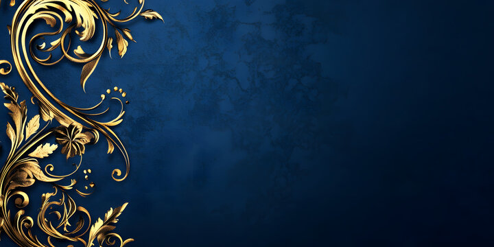 dark blue luxury background with gold patterns. elegant gold jewelry. vintage background