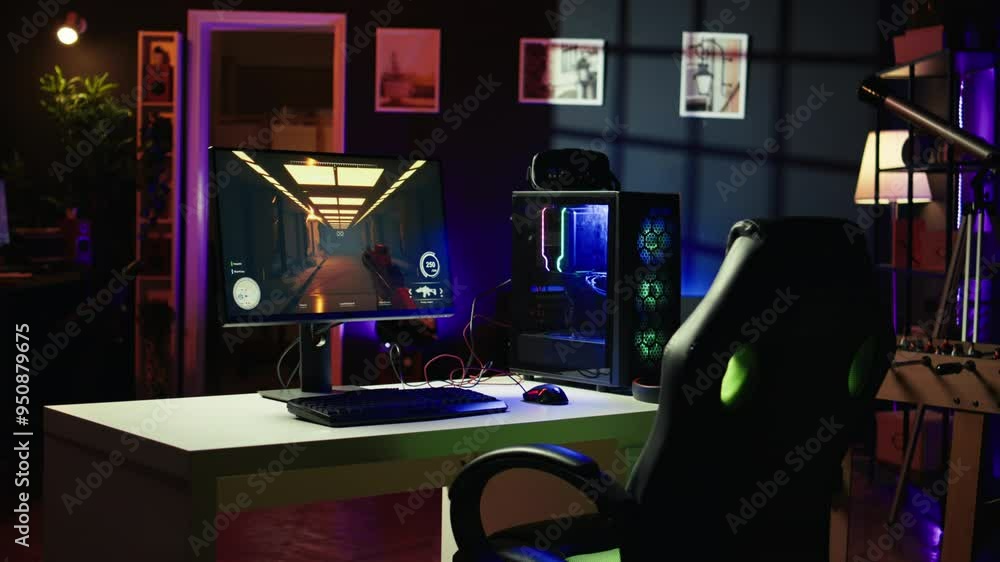 Poster computer screen showing fps videogame left open at night in empty apartment with rgb lights. close u