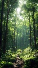 Obraz premium A winding path through a dense forest, bathed in the warm glow of morning sunlight filtering through the leaves.