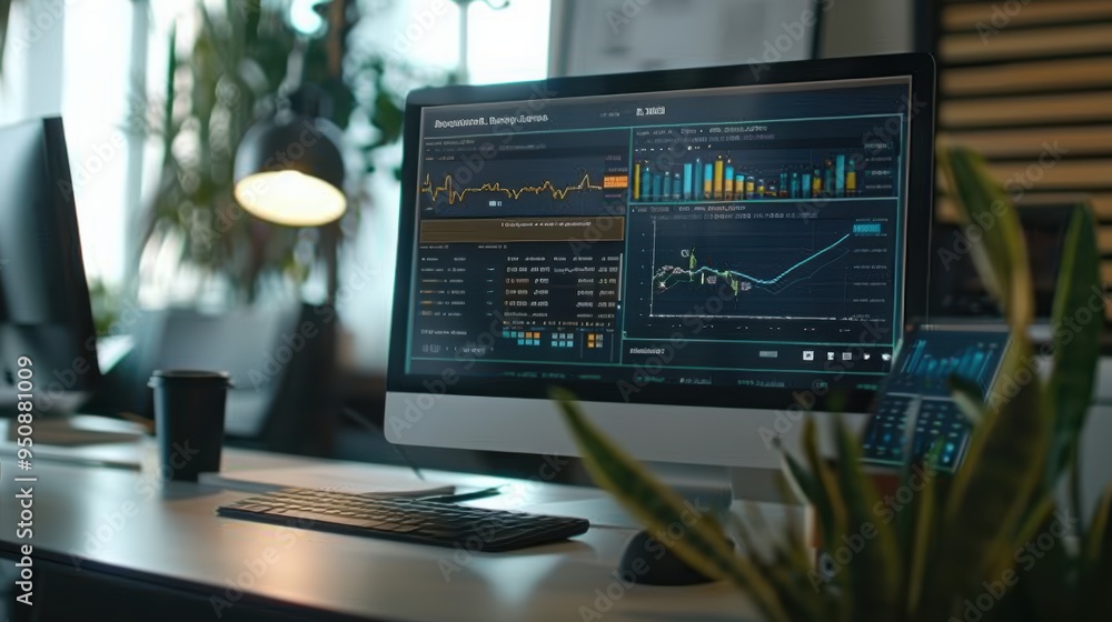 Poster computer on desk displaying stock market data visualizations in office at night