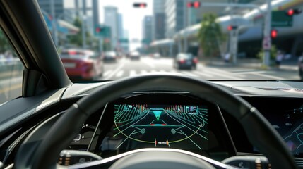 Modern car showing graphical interface with road and traffic information