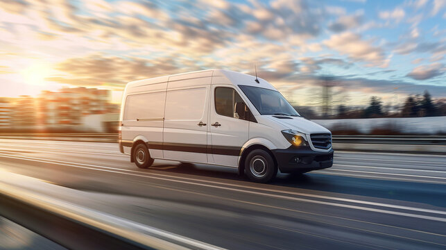White modern delivery small shipment cargo courier van moving fast on motorway road to city