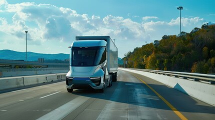 Modern electric semi-truck driving on the highway on a sunny day