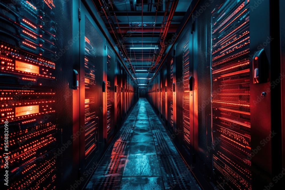 Aufkleber Row of data center servers with red and black casing, useful for IT and technology related projects
