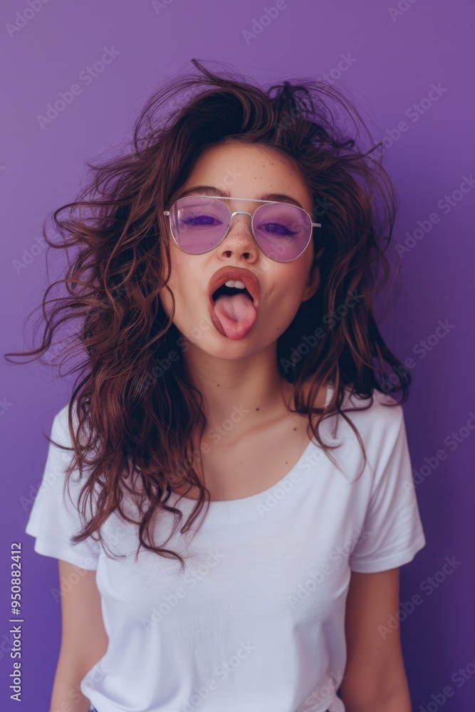 Poster a humorous image of a woman with glasses creating a comical expression