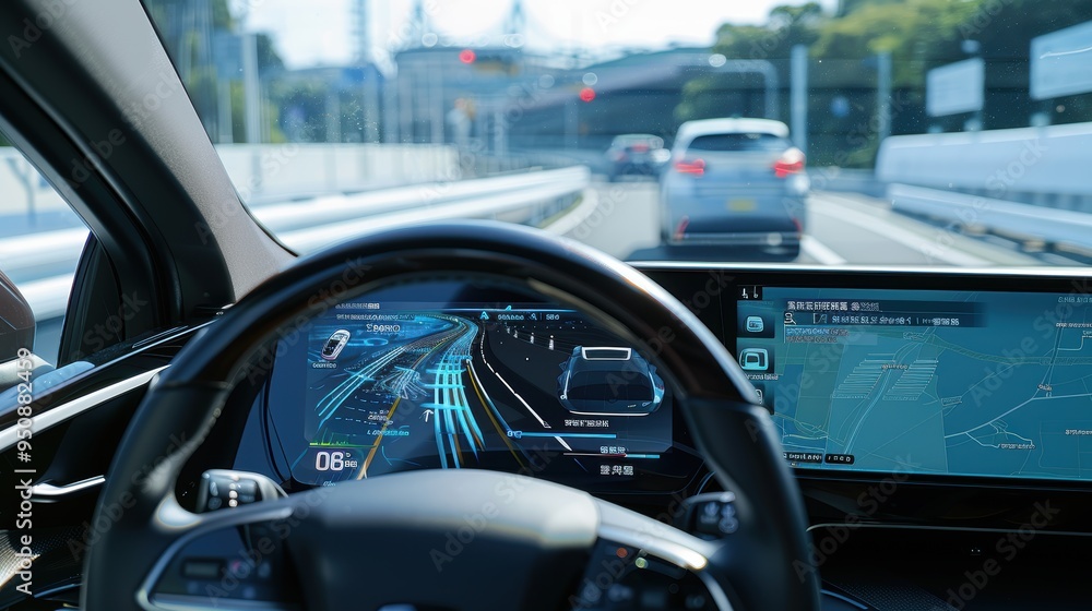 Aufkleber autonomous self driving car showing navigation system on dashboard