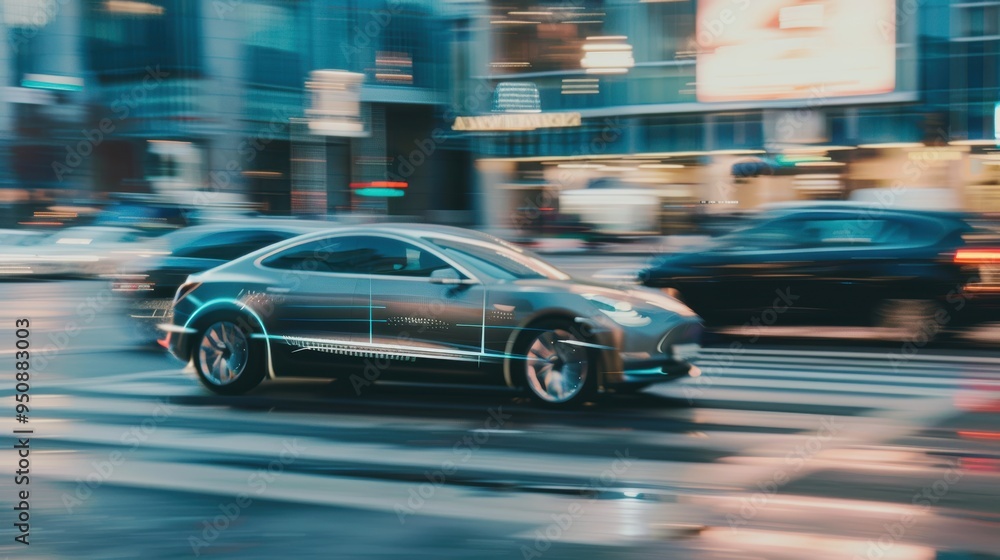 Poster autonomous self-driving vehicle using artificial intelligence to drive through city traffic