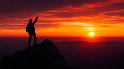 Fototapeta premium Silhouette of a person raising his hands towards success, standing on a mountain peak with a sunrise background, Ai Generated Images