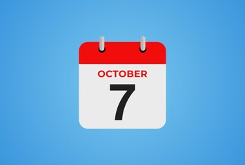 Icon calendar day. 7 October. 7th days of the month, illustration style. Date day of week Sunday, Monday, Tuesday, Wednesday, Thursday, Friday, Saturday. 