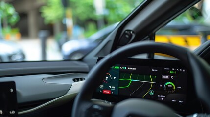 Modern car interior showing navigation system and digital dashboard