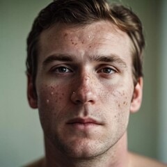 Obraz premium A close-up of a man showing a rash on his face with pimple spots, highlighting skin condition in a well-lit indoor setting. Generative AI. Monkey pox