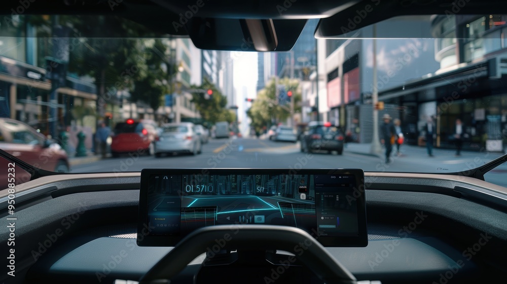 Poster autonomous self driving car showing dashboard navigation system in city