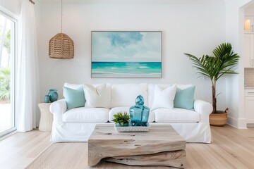 Coastal living room with white sofa, ocean-inspired wall art, and turquoise accents, designed for banners, backgrounds, and marketing materials in bright and airy beach house decor.