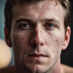 Obraz premium A close-up of a man showing a rash on his face with pimple spots, highlighting skin condition in a well-lit indoor setting. Generative AI. Monkey pox