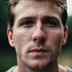 Obraz premium A close-up of a man showing a rash on his face with pimple spots, highlighting skin condition in a well-lit indoor setting. Generative AI. Monkey pox