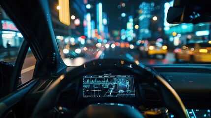 Modern car dashboard showing navigation system while driving at night in the city