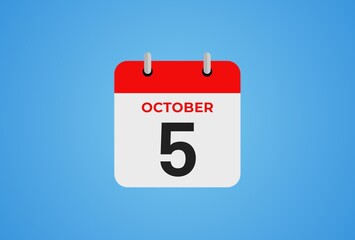 Icon calendar day. 5 October. 5th days of the month, illustration style. Date day of week Sunday, Monday, Tuesday, Wednesday, Thursday, Friday, Saturday. 