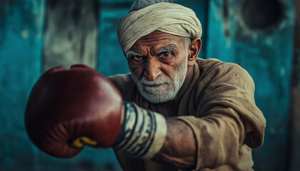 An elderly Middle Eastern man in traditional attire and a turban trains in boxing gloves, with a determined expression and blue color grading.