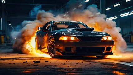 A sports car performing a drift in an industrial setting with smoke and fire