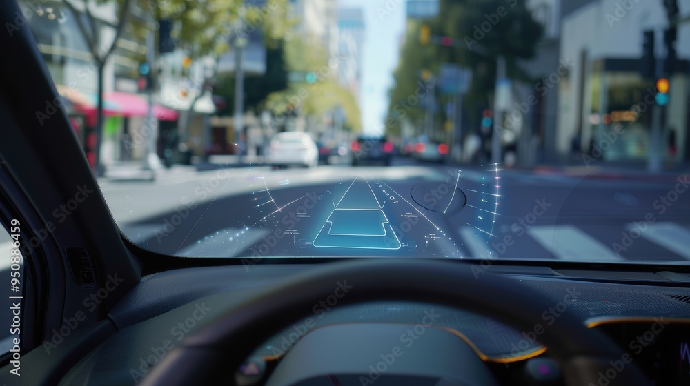 Poster autonomous self driving vehicle showing augmented reality navigation system on windscreen
