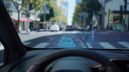 Autonomous self driving vehicle showing augmented reality navigation system on windscreen
