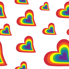 Seamless pattern with rainbow hearts on a white background